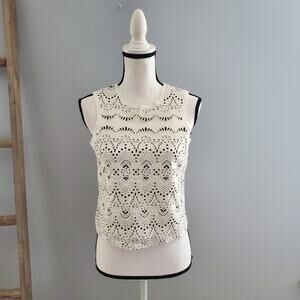 Bar III White & Black Sleeveless Lace Floral Pattern Crop Top XS